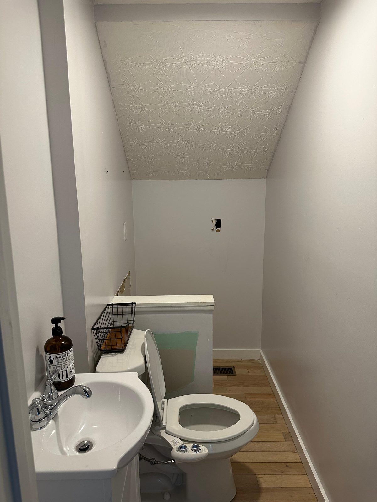 Small under-stair closet with dated fixtures before carpentry work