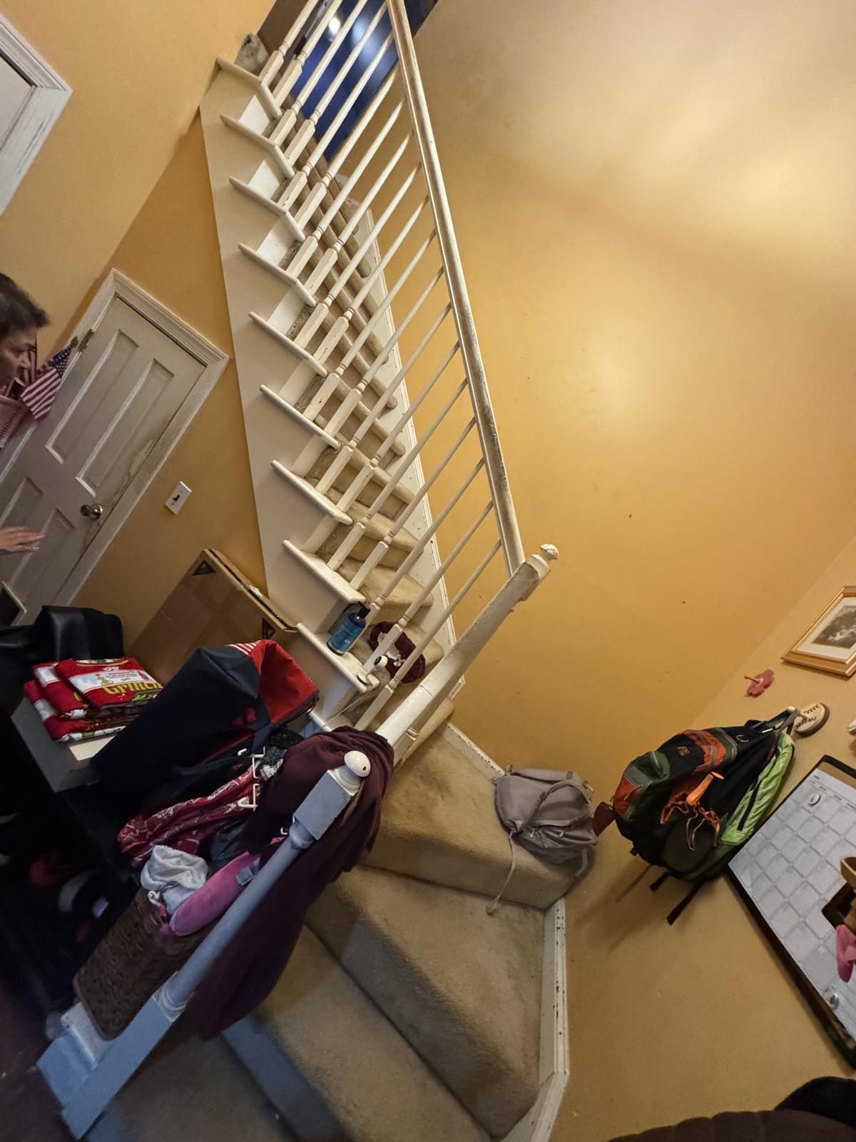 Carpeted staircase and cluttered dated entry before remodel